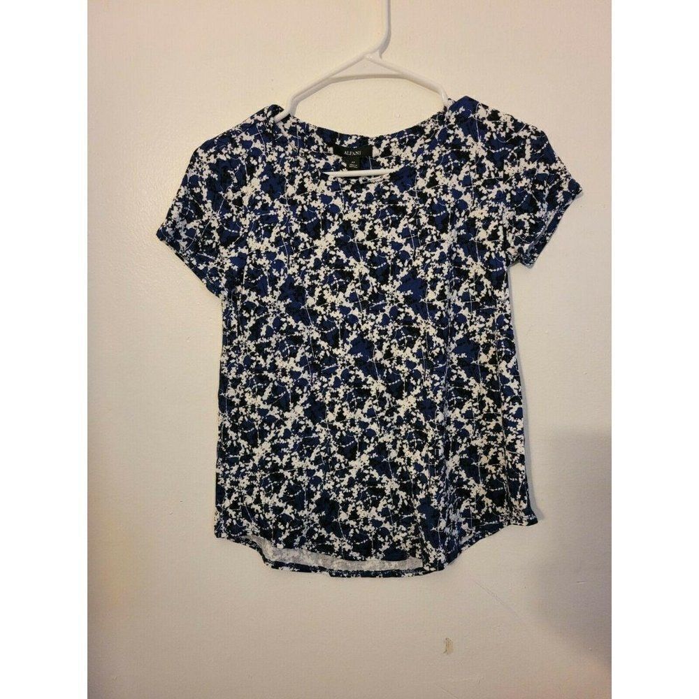 Alfani Womens Blue Splatter Short Sleeve Crew Neck